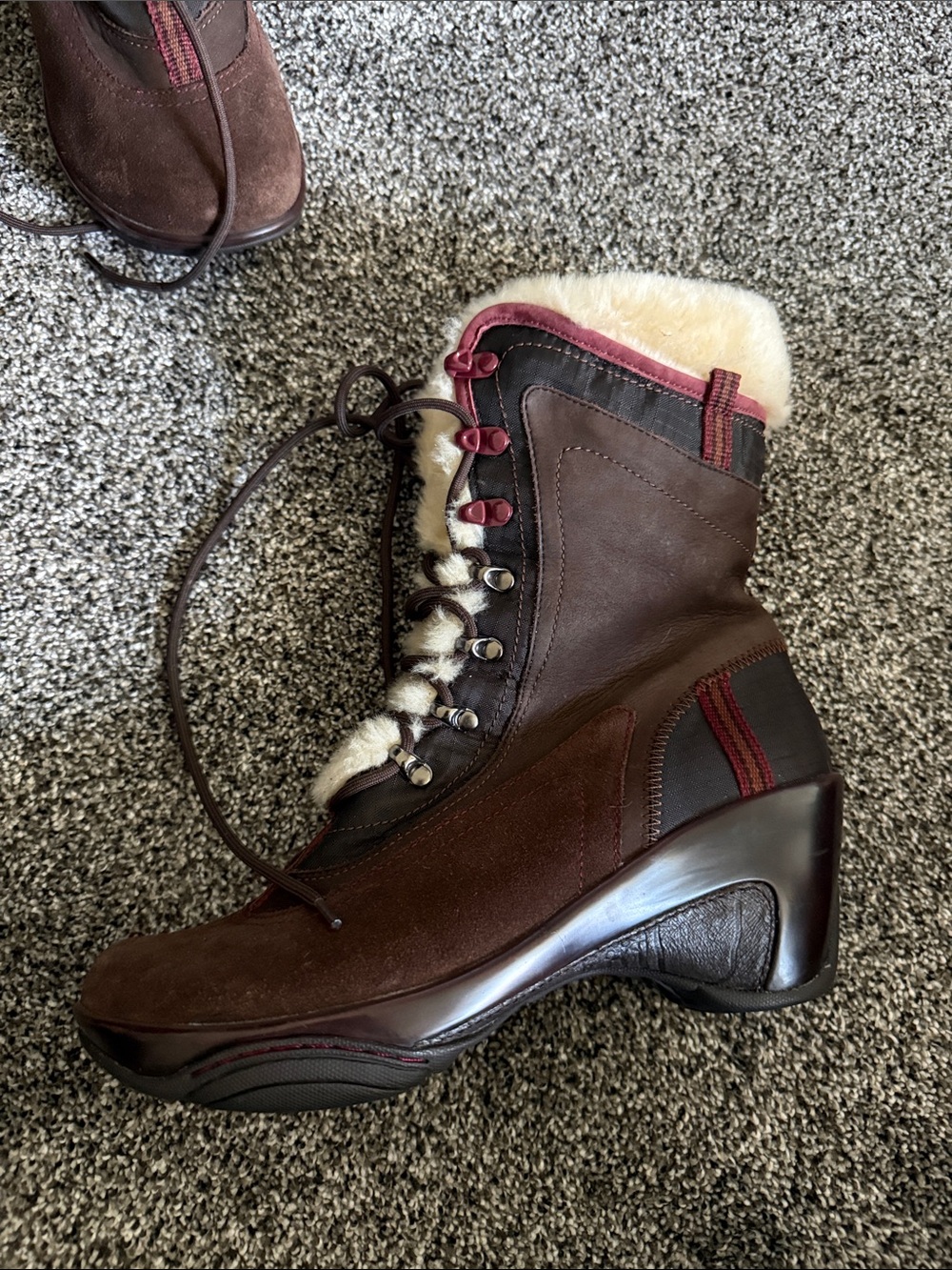 J-41 Brown Lace-Up Faux-Fur Trim Winter Boots with Burgundy Accents